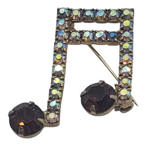 Vintage Music Note Rhinestone Brooch Pin Aurora Borealis Gold Tone Band Singer